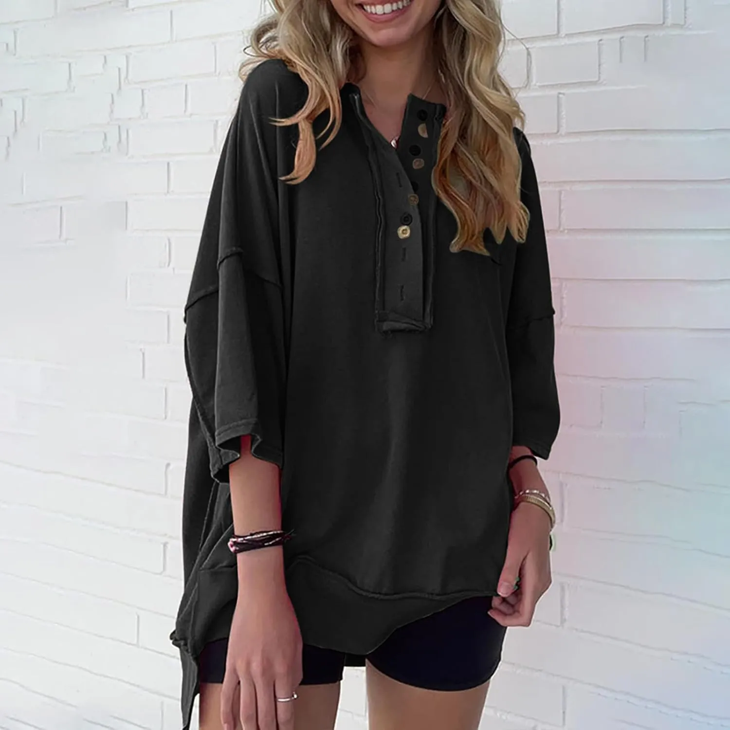 Womens Oversized Sweatshirts 3/4 Length Sleeve Crewneck Pullover Top Drop Shoulder Tees Casual High Low Tunic Tops
