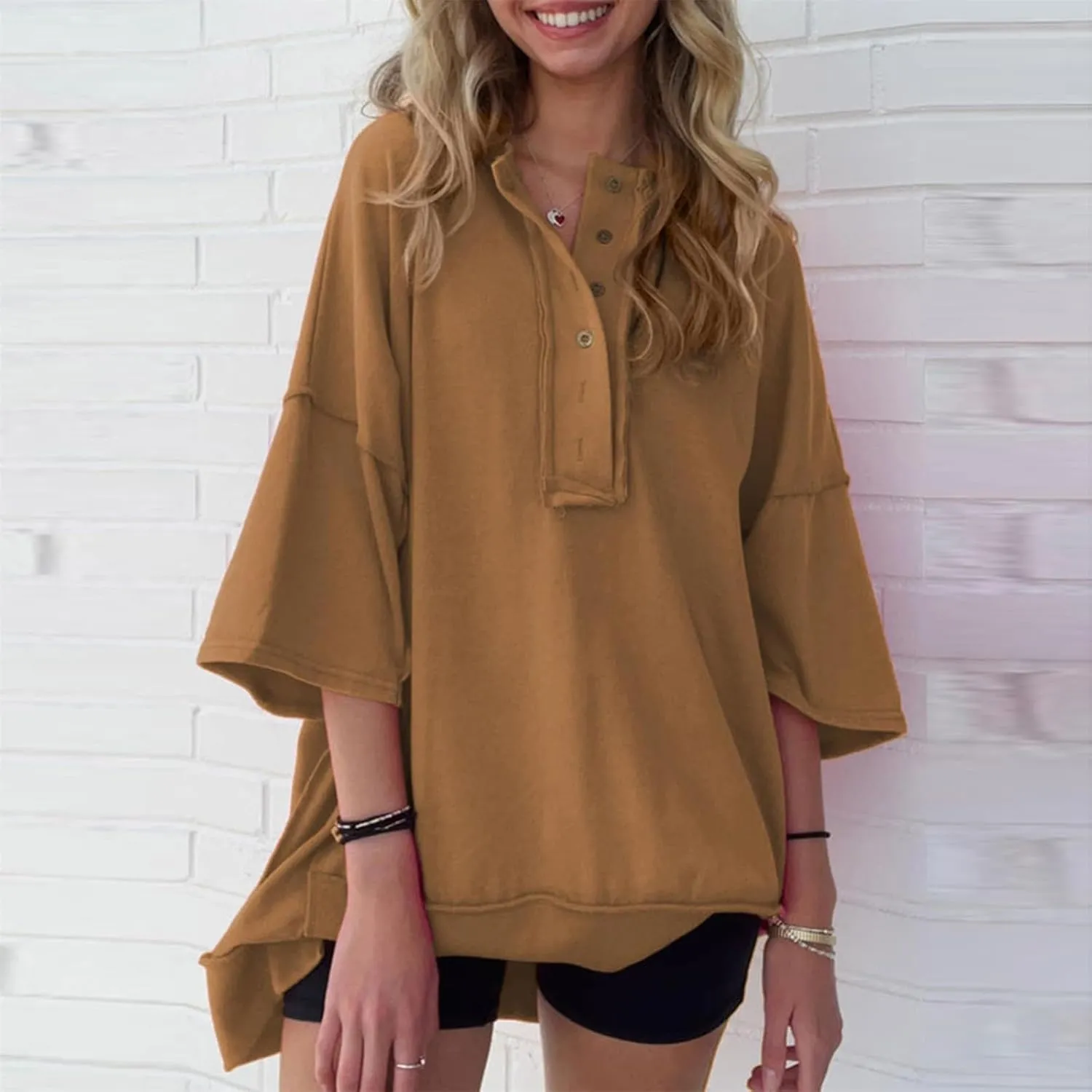 Womens Oversized Sweatshirts 3/4 Length Sleeve Crewneck Pullover Top Drop Shoulder Tees Casual High Low Tunic Tops