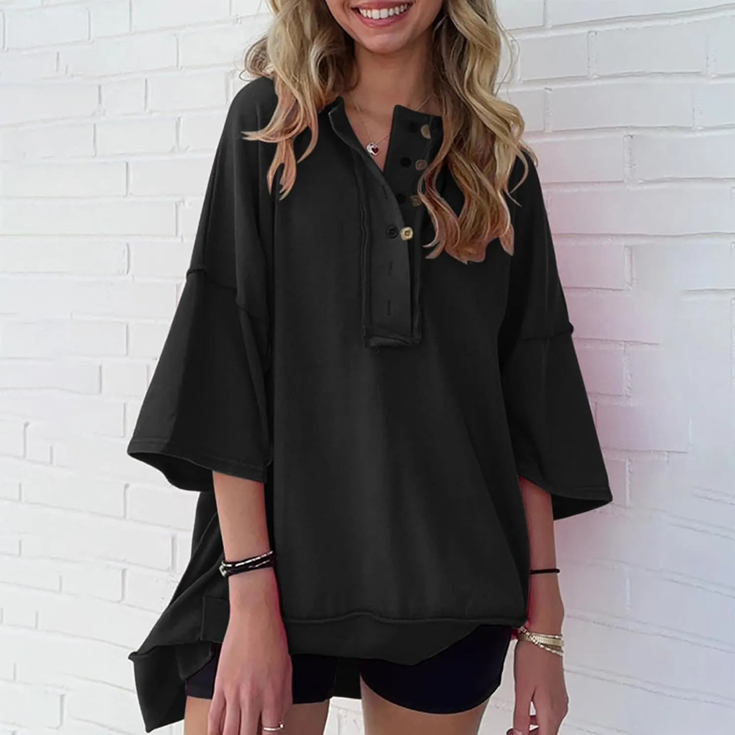 Womens Oversized Sweatshirts 3/4 Length Sleeve Crewneck Pullover Top Drop Shoulder Tees Casual High Low Tunic Tops