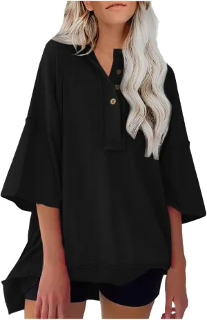 Womens Oversized Sweatshirts 3/4 Length Sleeve Crewneck Pullover Top Drop Shoulder Tees Casual High Low Tunic Tops