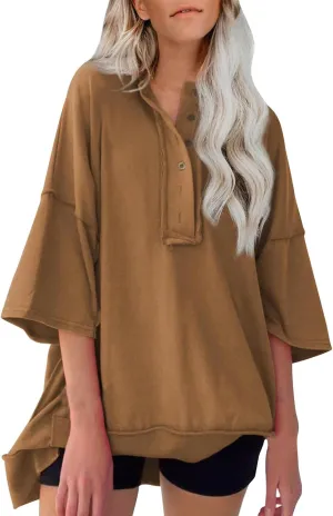 Womens Oversized Sweatshirts 3/4 Length Sleeve Crewneck Pullover Top Drop Shoulder Tees Casual High Low Tunic Tops