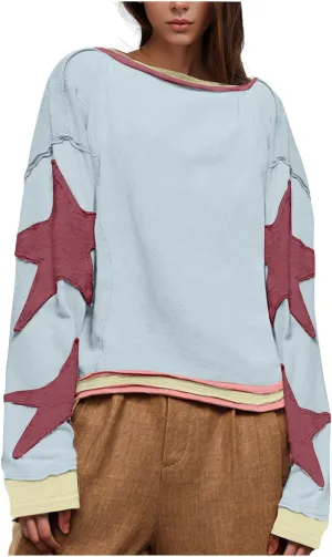 Womens Oversized Sweatshirts Fashion Y2k Tops Casual Crewneck Patchwork Pattern Pullover Shirt 2024 Streetwear