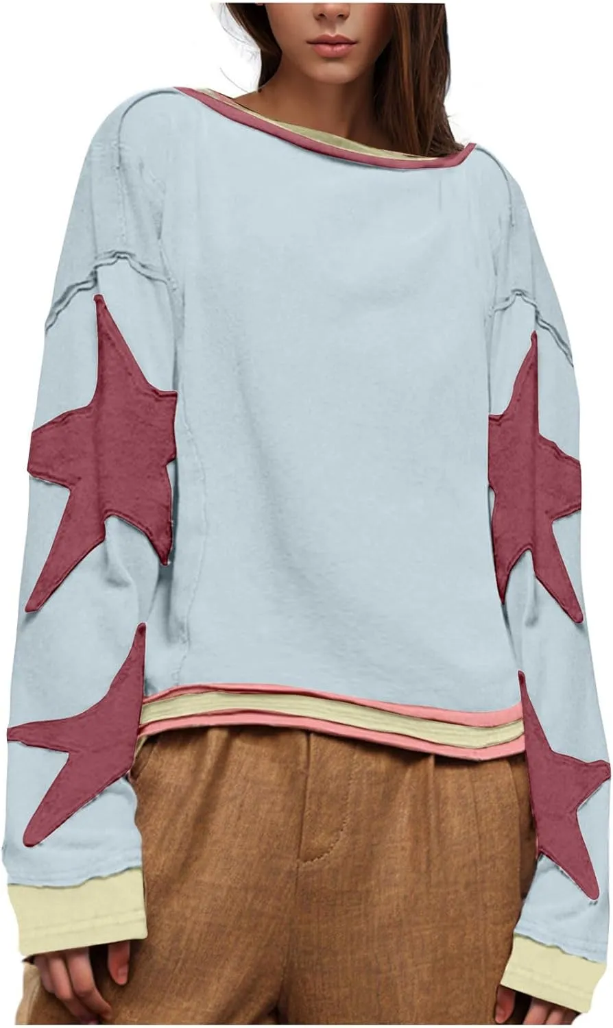 Womens Oversized Sweatshirts Fashion Y2k Tops Casual Crewneck Patchwork Pattern Pullover Shirt 2024 Streetwear