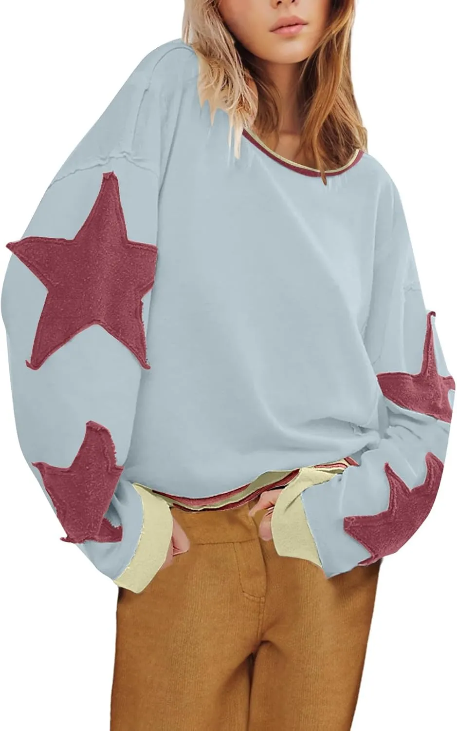 Womens Oversized Sweatshirts Fashion Y2k Tops Casual Crewneck Patchwork Pattern Pullover Shirt 2024 Streetwear