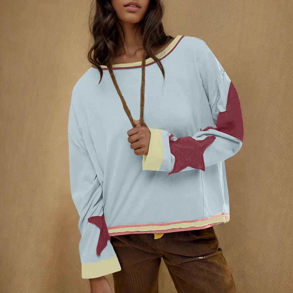 Womens Oversized Sweatshirts Fashion Y2k Tops Casual Crewneck Patchwork Pattern Pullover Shirt 2024 Streetwear