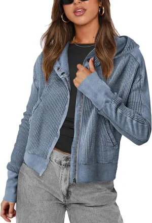 Women's Oversized Zip Up Hoodie Waffle Knit Jacket Button Collar Hooded Sweatshirt Cropped Outerwear With Pockets
