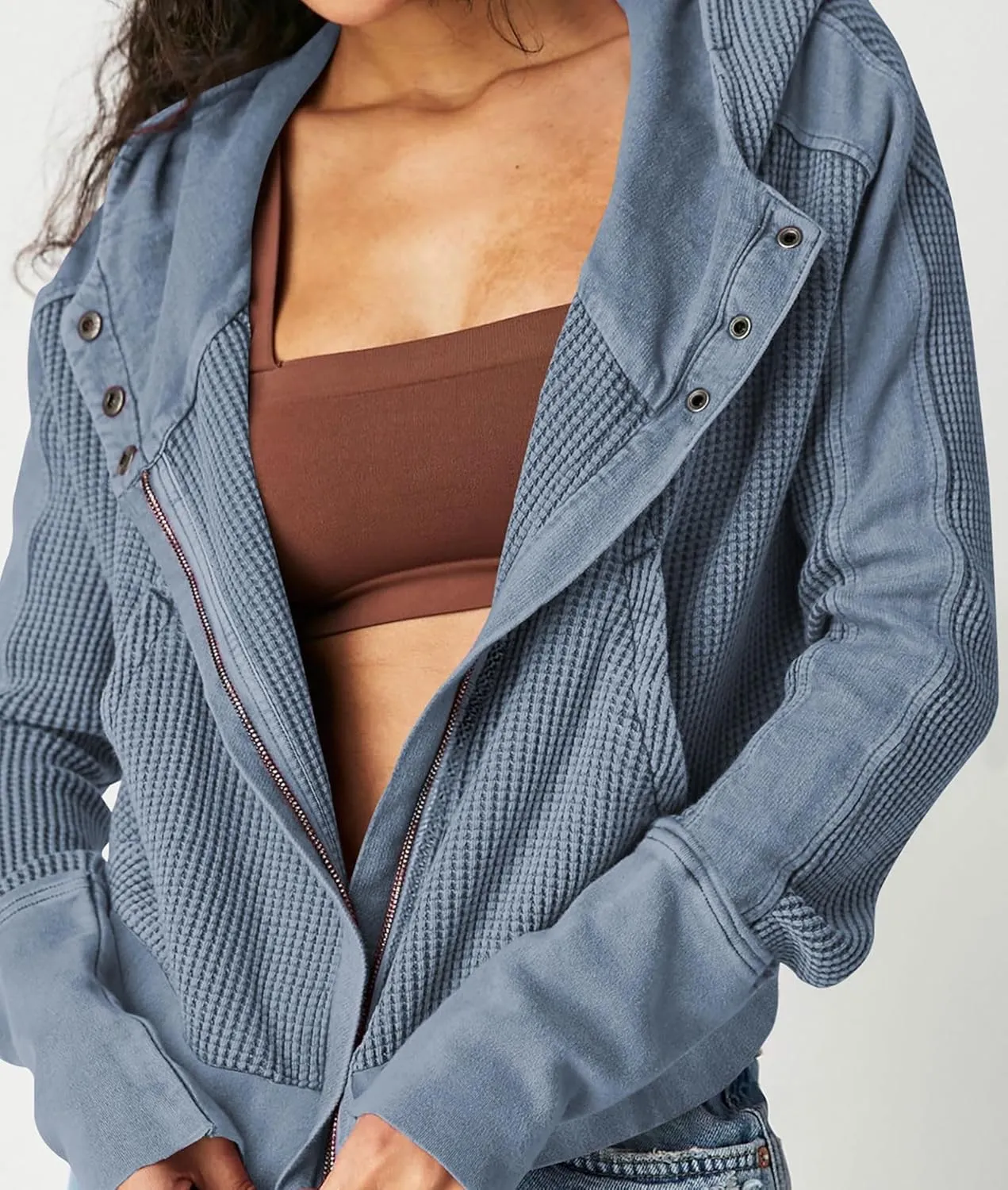 Women's Oversized Zip Up Hoodie Waffle Knit Jacket Button Collar Hooded Sweatshirt Cropped Outerwear With Pockets