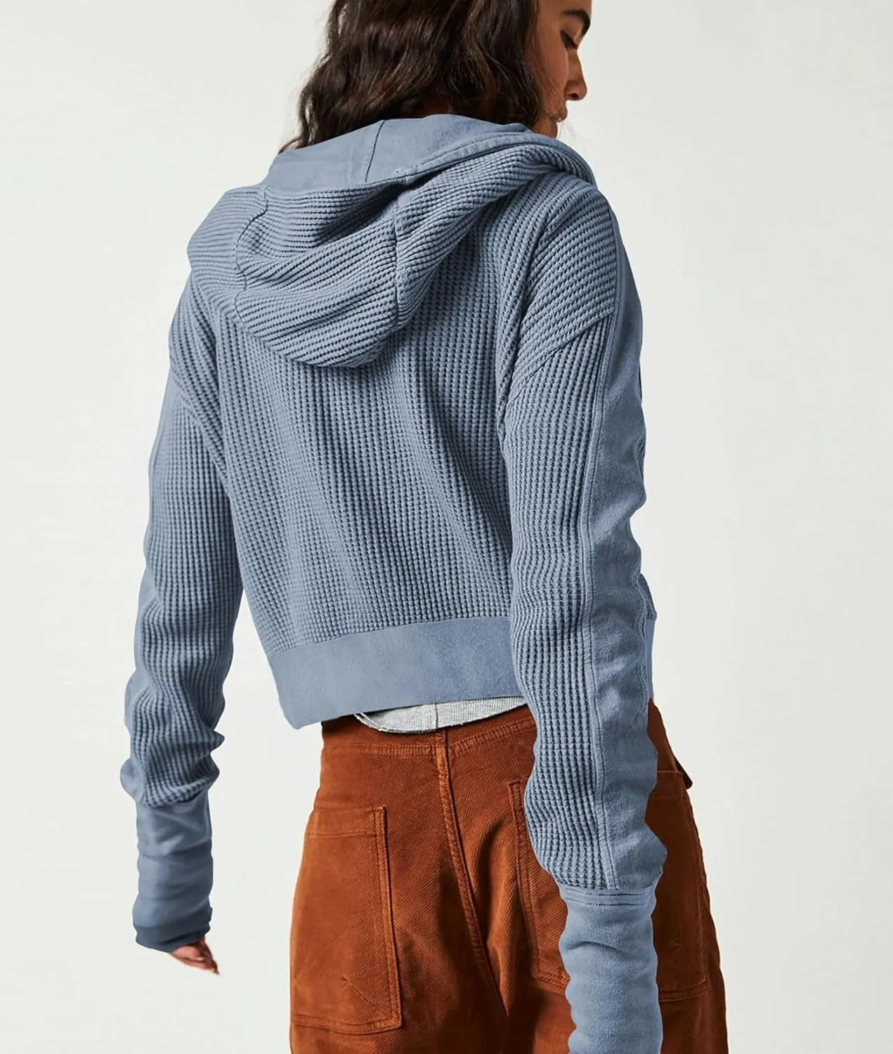 Women's Oversized Zip Up Hoodie Waffle Knit Jacket Button Collar Hooded Sweatshirt Cropped Outerwear With Pockets