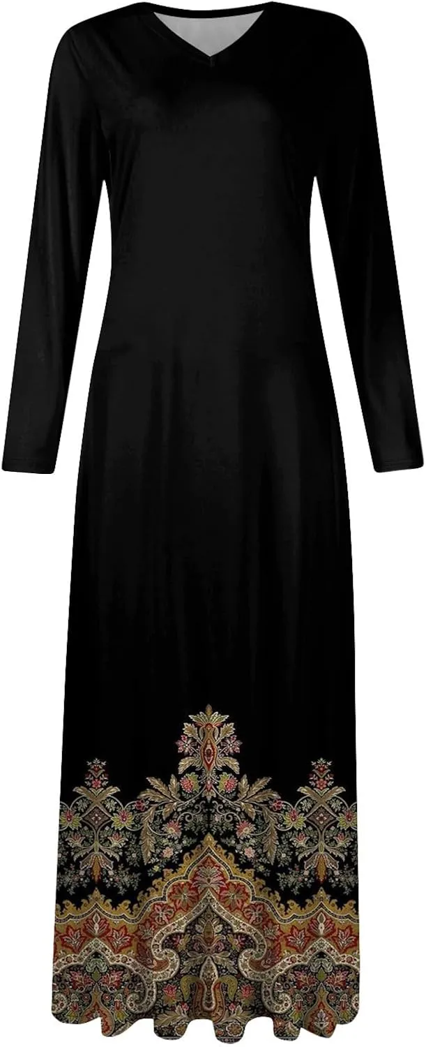 Women's Party Dresses 2025 Summer Casual Loose Trendy V-Neck Long Sleeve Solid Boho Floral Print Maxi Dress Plus Size, S-3XL