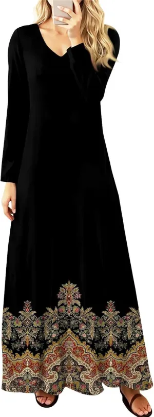 Women's Party Dresses 2025 Summer Casual Loose Trendy V-Neck Long Sleeve Solid Boho Floral Print Maxi Dress Plus Size, S-3XL