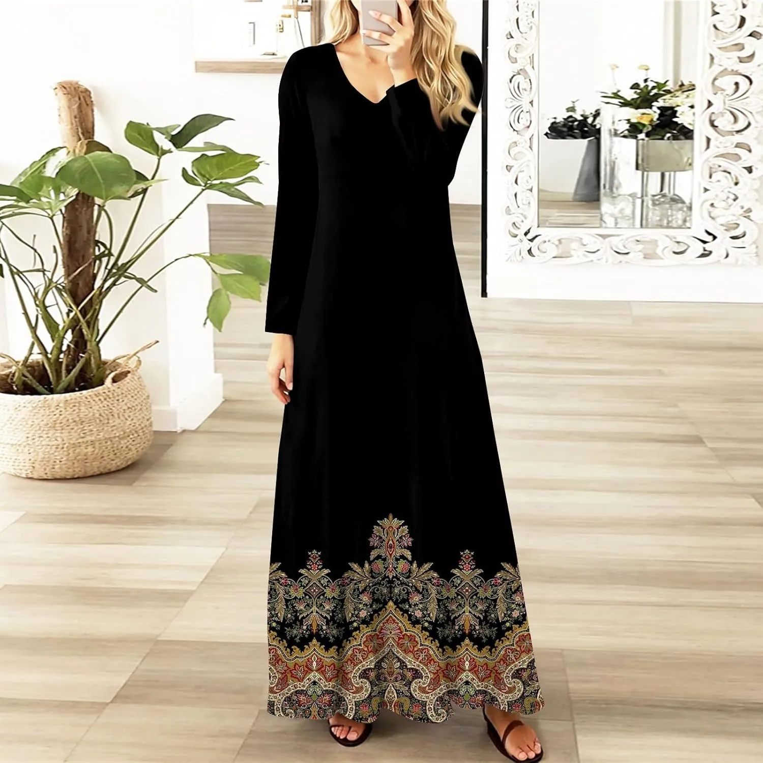 Women's Party Dresses 2025 Summer Casual Loose Trendy V-Neck Long Sleeve Solid Boho Floral Print Maxi Dress Plus Size, S-3XL