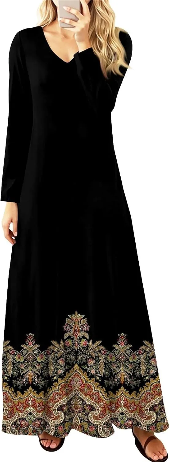 Women's Party Dresses 2025 Summer Casual Loose Trendy V-Neck Long Sleeve Solid Boho Floral Print Maxi Dress Plus Size, S-3XL
