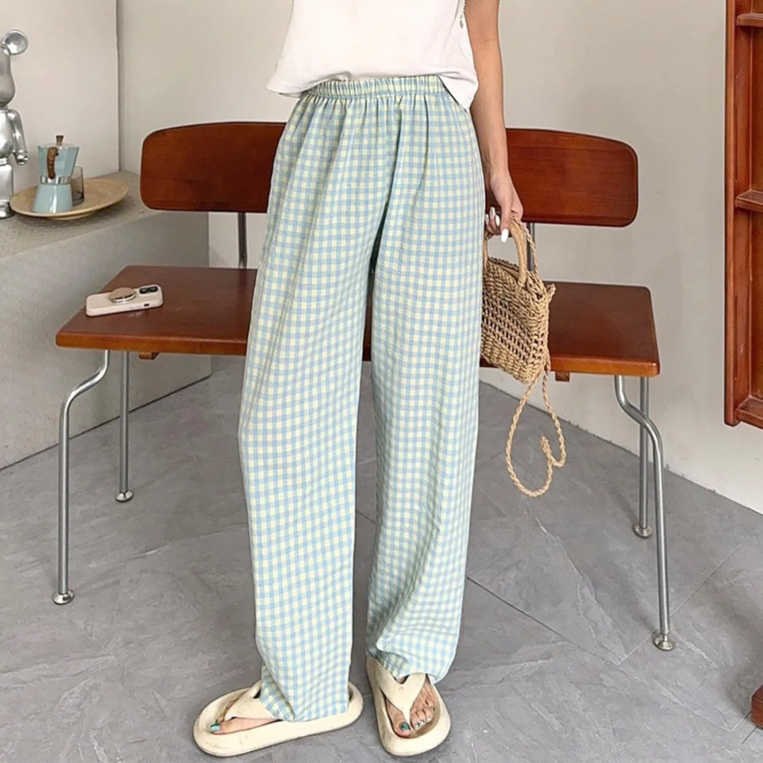 Women's Plaid Wide Leg Pants Trendy Flowy Elastic High Waist Palazzo Pants Lightweight Stretchy Soft Baggy Trousers