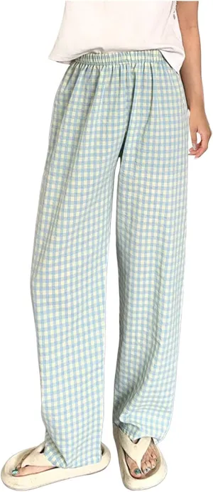 Women's Plaid Wide Leg Pants Trendy Flowy Elastic High Waist Palazzo Pants Lightweight Stretchy Soft Baggy Trousers