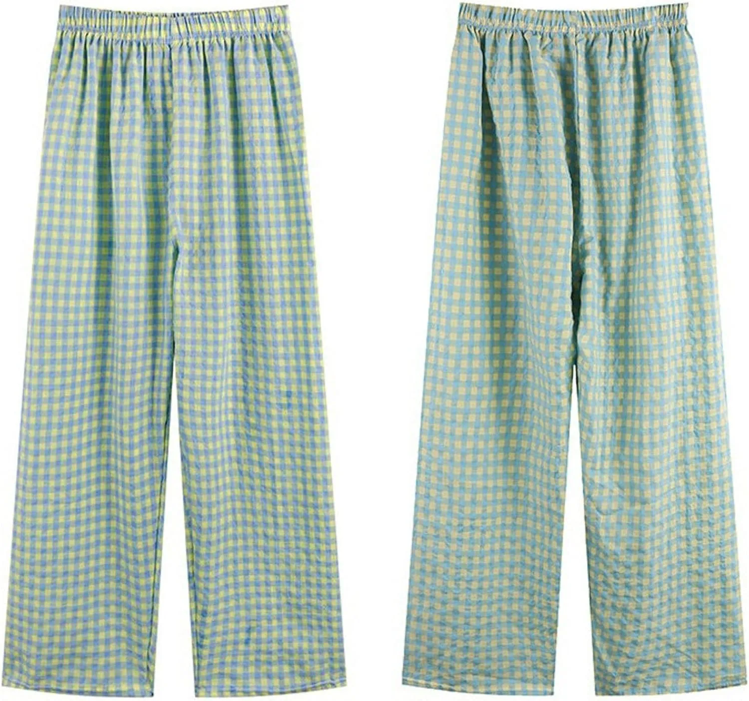 Women's Plaid Wide Leg Pants Trendy Flowy Elastic High Waist Palazzo Pants Lightweight Stretchy Soft Baggy Trousers