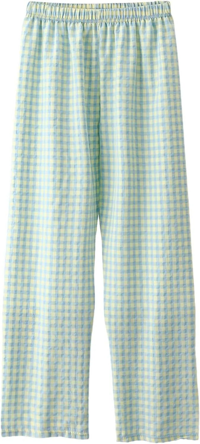 Women's Plaid Wide Leg Pants Trendy Flowy Elastic High Waist Palazzo Pants Lightweight Stretchy Soft Baggy Trousers