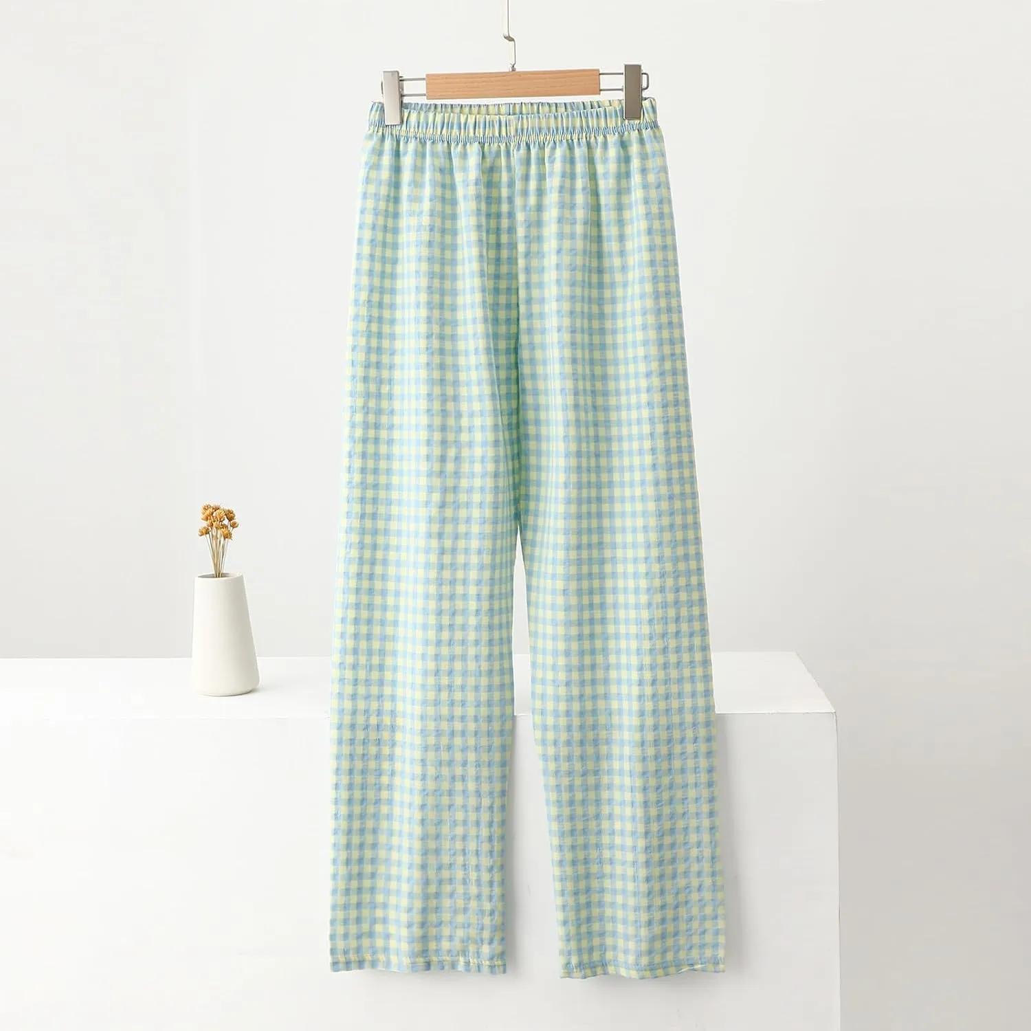 Women's Plaid Wide Leg Pants Trendy Flowy Elastic High Waist Palazzo Pants Lightweight Stretchy Soft Baggy Trousers