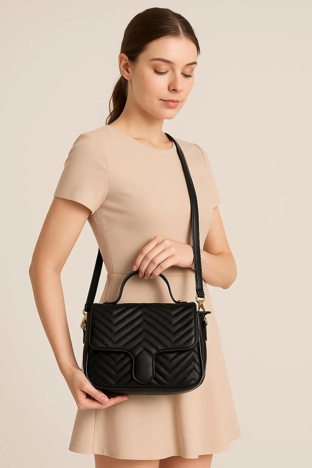 Womens Quilted Faux Leather Satchel Bag  Top Handle & Crossbody Strap  Heart Detail Purse  Kiki