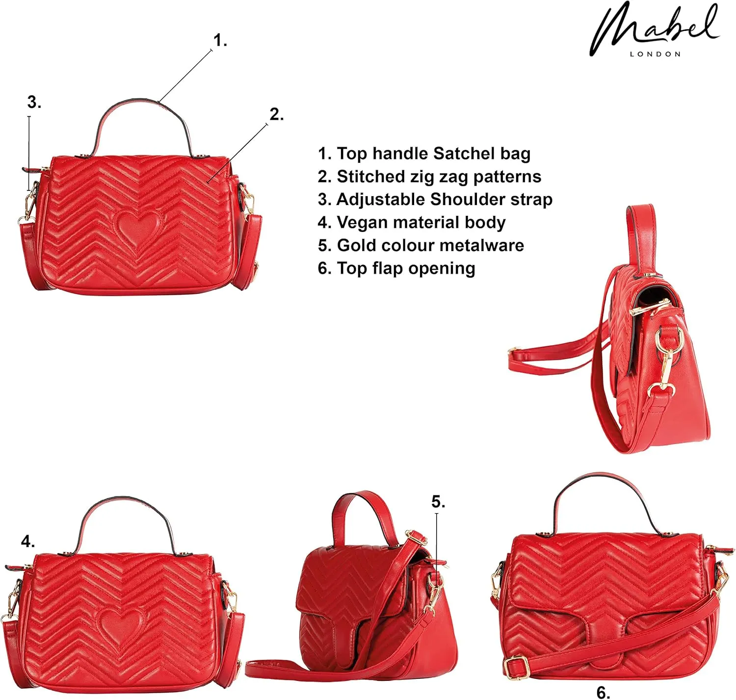 Womens Quilted Faux Leather Satchel Bag  Top Handle & Crossbody Strap  Heart Detail Purse  Kiki