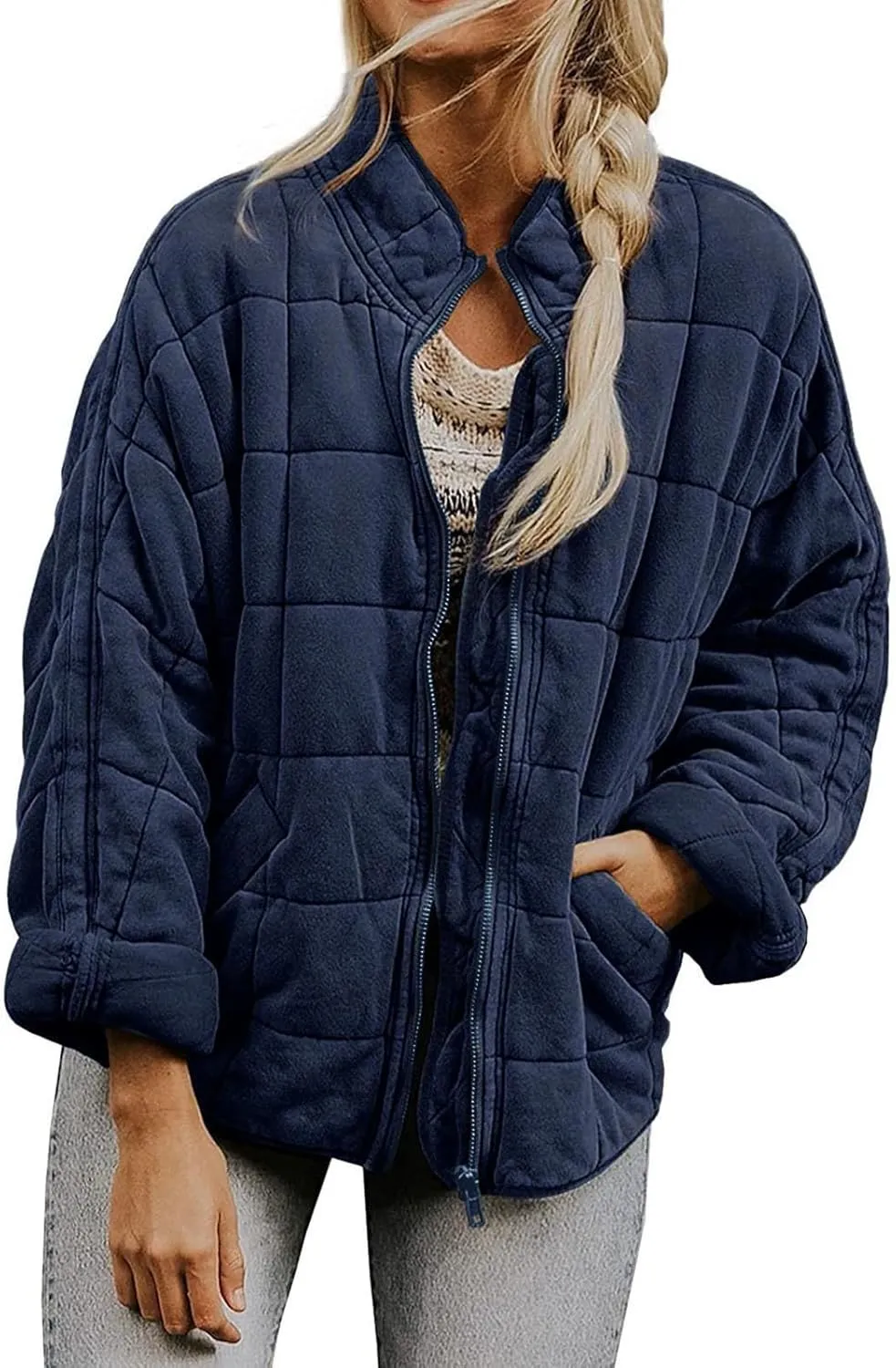 Women's Quilted Puffer Jacket Zip Up Oversized Lightweight Stand Collar Padded Down Coat Winter Loose Warm Outerwear
