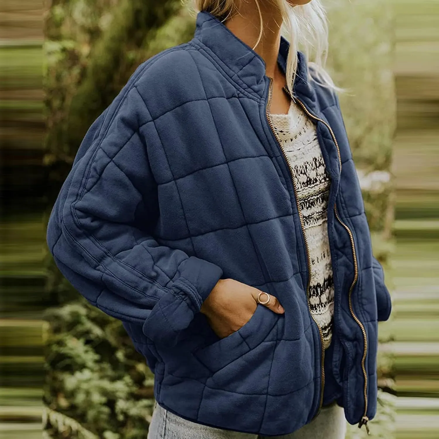 Women's Quilted Puffer Jacket Zip Up Oversized Lightweight Stand Collar Padded Down Coat Winter Loose Warm Outerwear