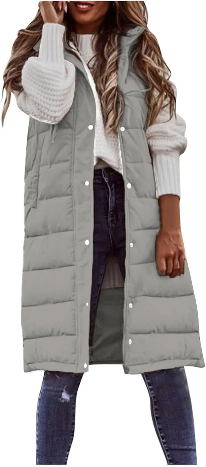 Womens Quilted Puffer Vest with Hooded Zipper Lightweight Long Down Sleeveless Jackets Warm Winter Coats with Pockets