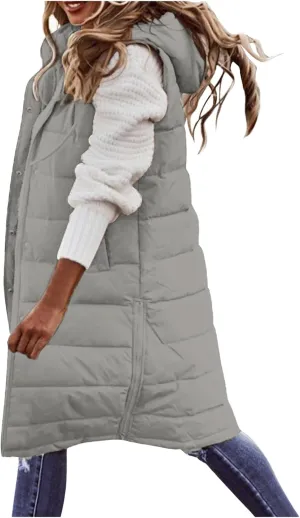 Womens Quilted Puffer Vest with Hooded Zipper Lightweight Long Down Sleeveless Jackets Warm Winter Coats with Pockets