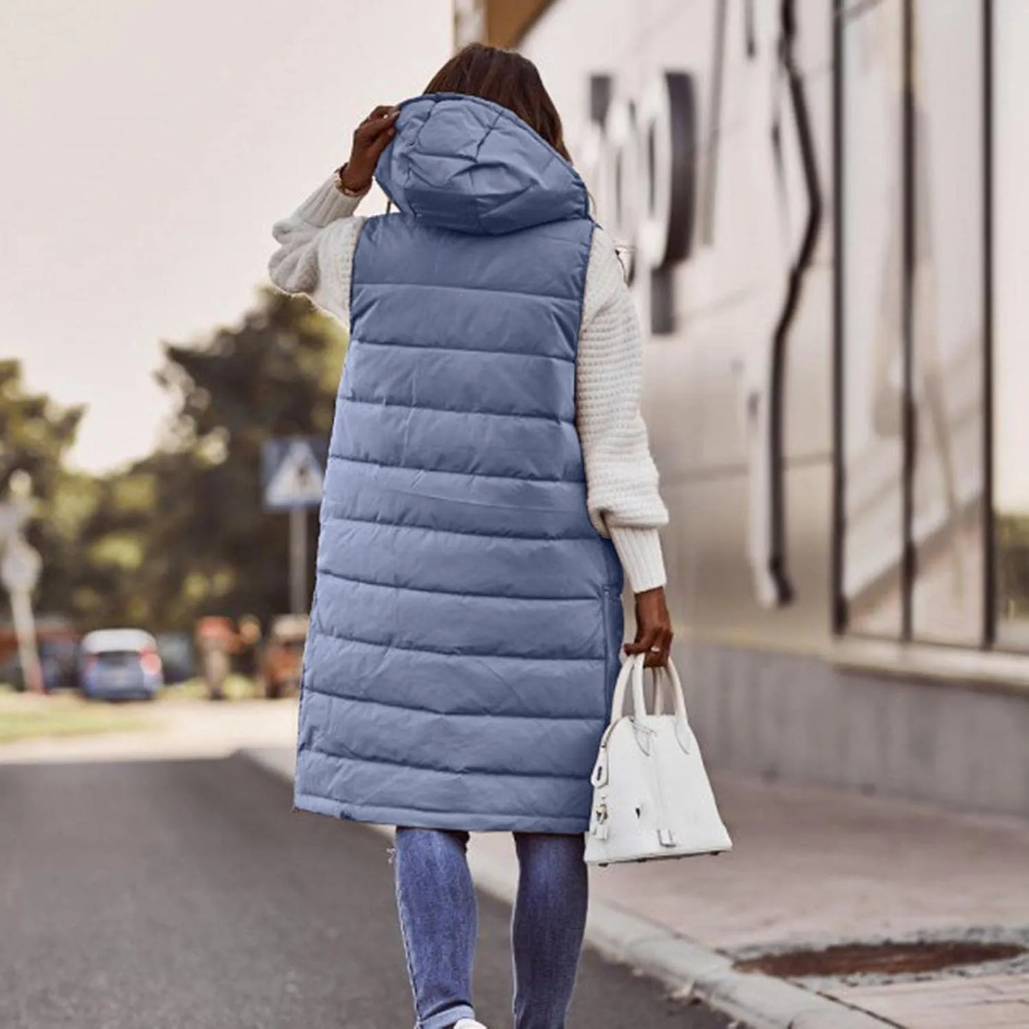 Womens Quilted Puffer Vest with Hooded Zipper Lightweight Long Down Sleeveless Jackets Warm Winter Coats with Pockets