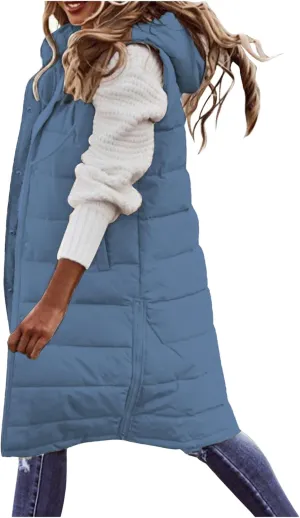 Womens Quilted Puffer Vest with Hooded Zipper Lightweight Long Down Sleeveless Jackets Warm Winter Coats with Pockets