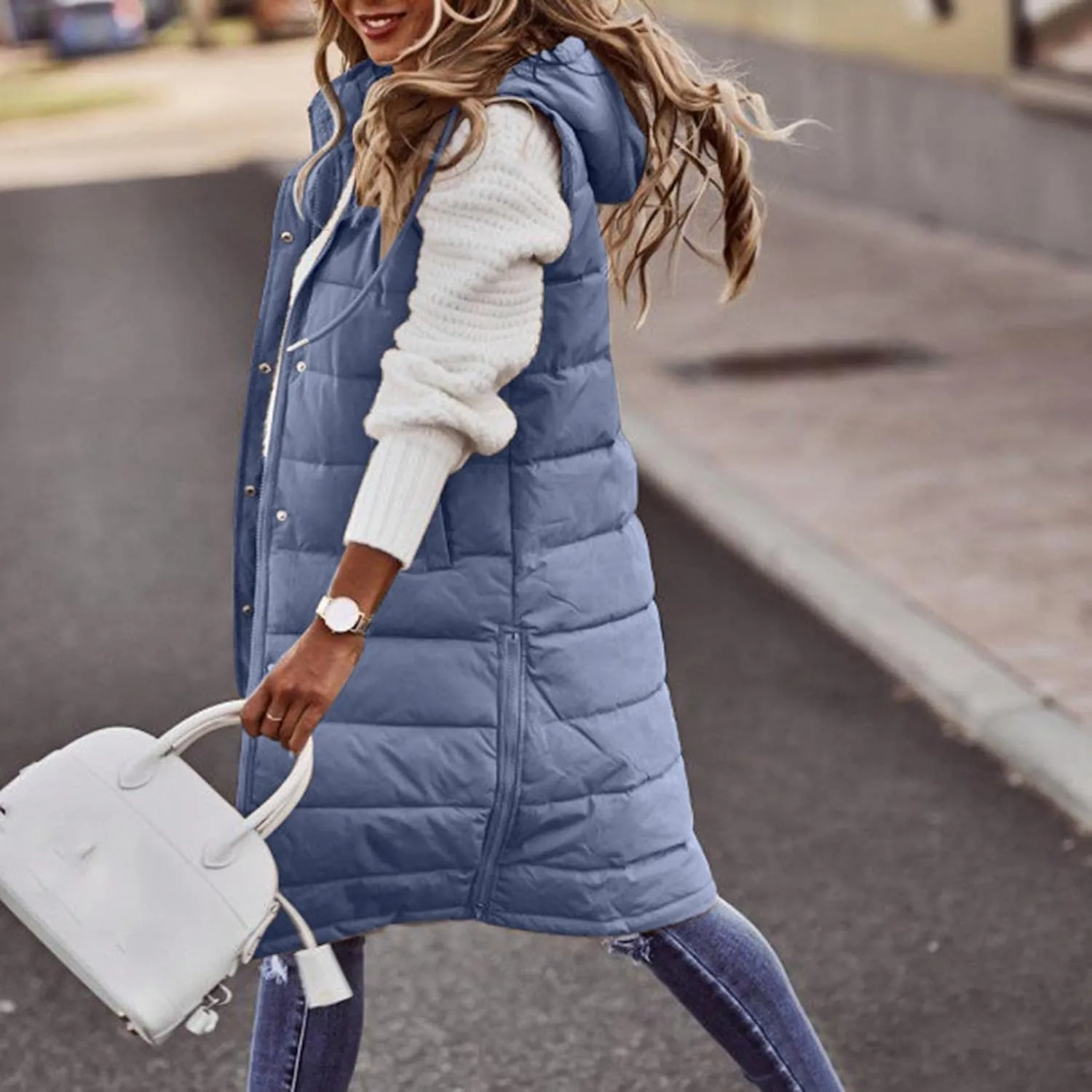 Womens Quilted Puffer Vest with Hooded Zipper Lightweight Long Down Sleeveless Jackets Warm Winter Coats with Pockets
