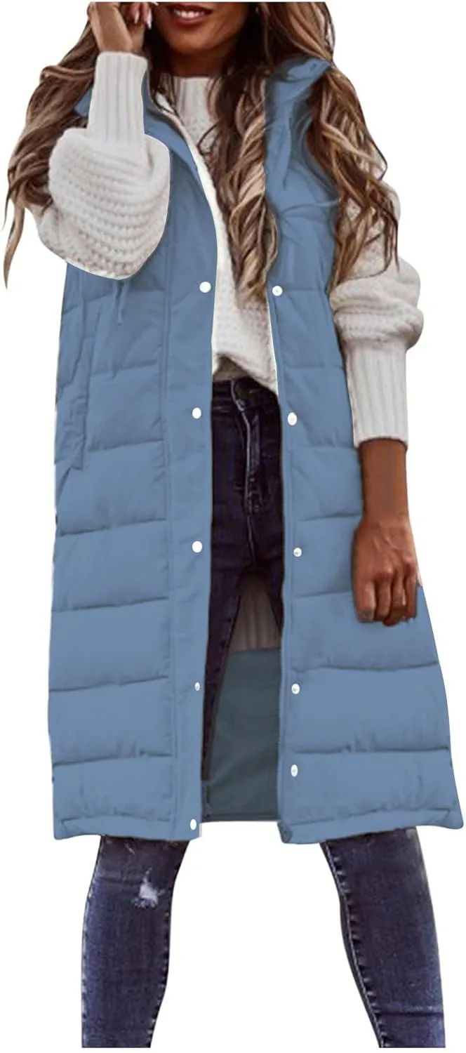 Womens Quilted Puffer Vest with Hooded Zipper Lightweight Long Down Sleeveless Jackets Warm Winter Coats with Pockets