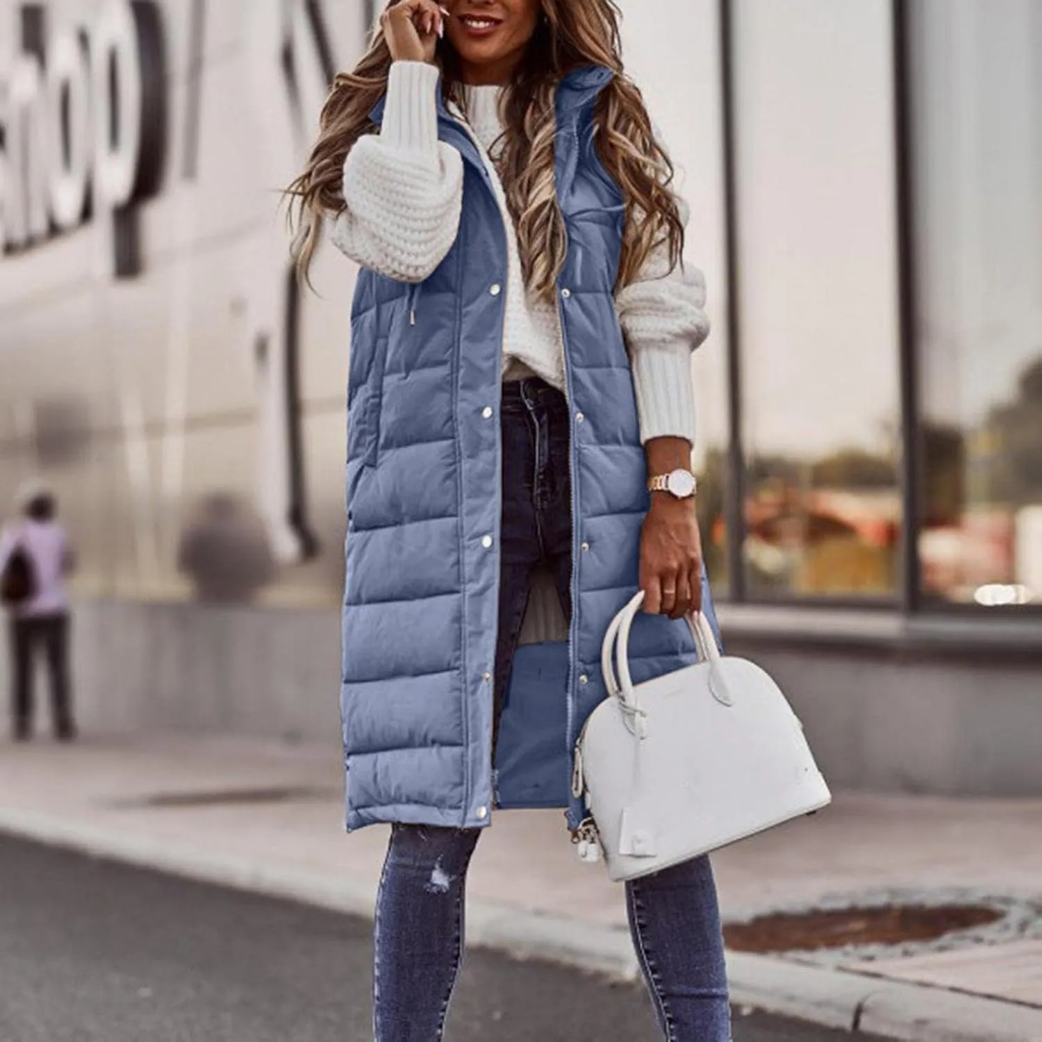 Womens Quilted Puffer Vest with Hooded Zipper Lightweight Long Down Sleeveless Jackets Warm Winter Coats with Pockets