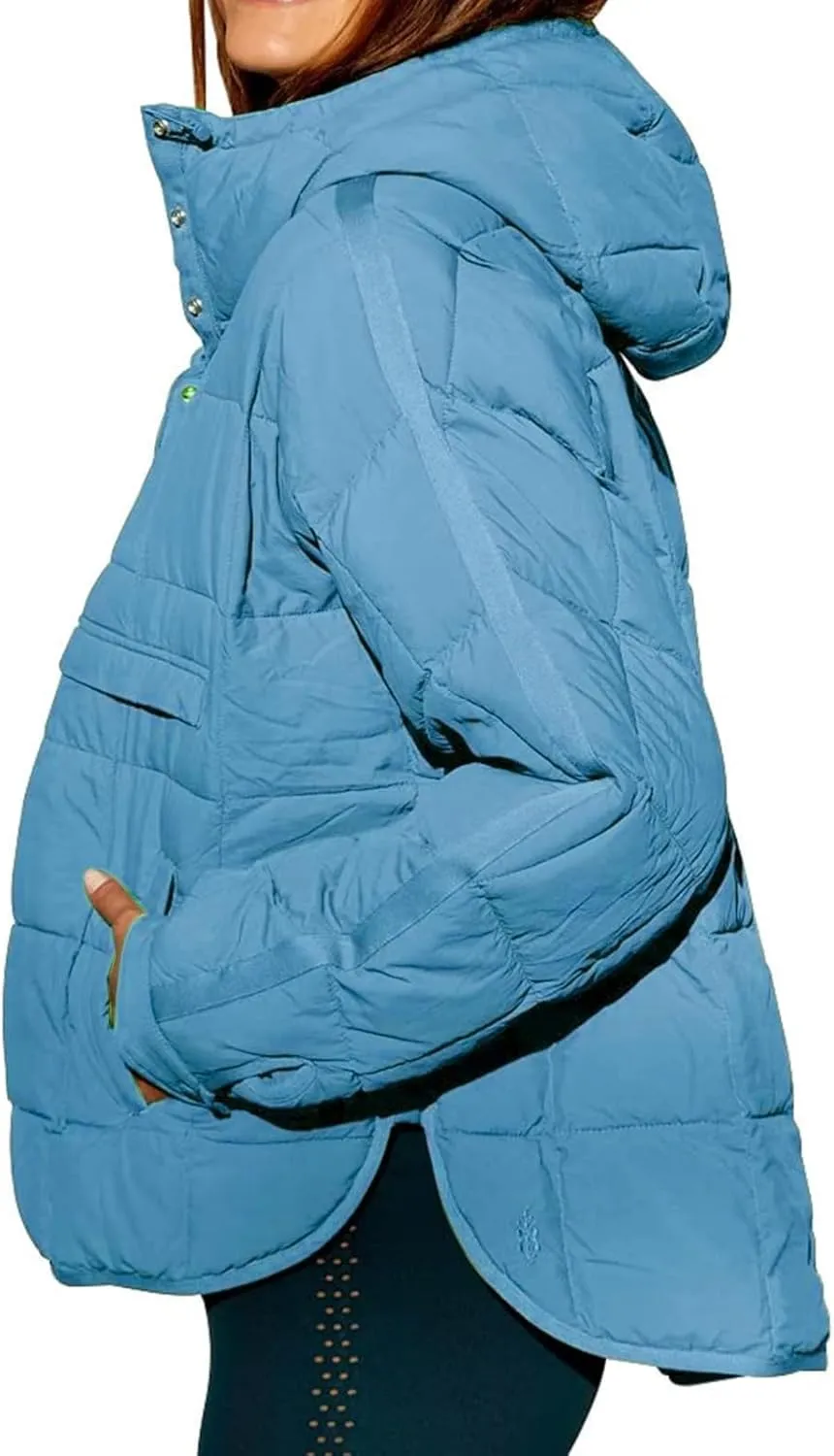 Women's Quilted Pullover Puffer Jacket Hooded Oversize Coat Tops Winter Warm Padded Hoodies Outwear with Pockets