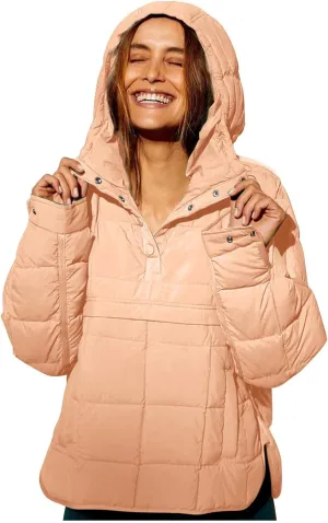 Women's Quilted Pullover Puffer Jacket Hooded Oversize Coat Tops Winter Warm Padded Hoodies Outwear with Pockets