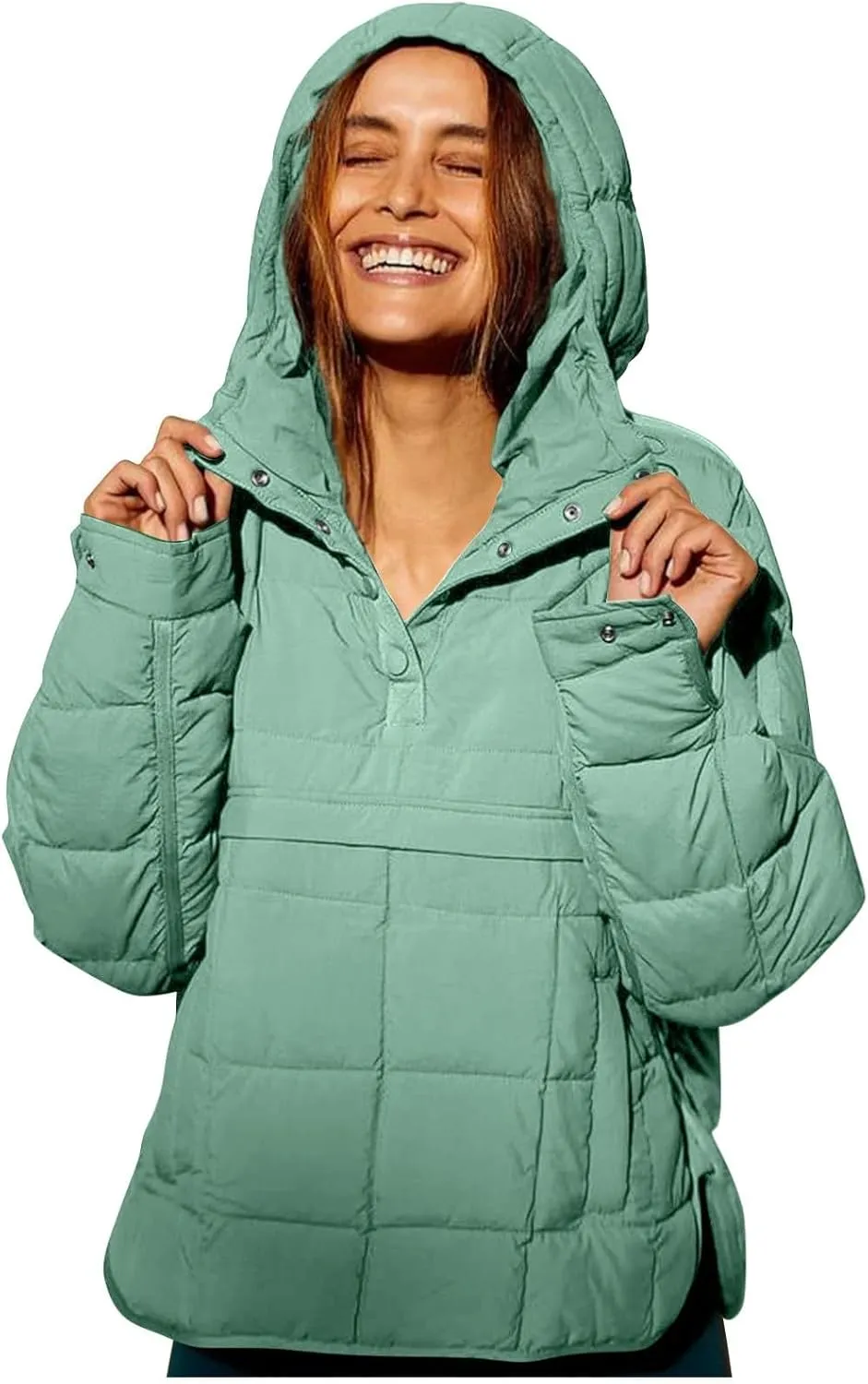Women's Quilted Pullover Puffer Jacket Hooded Oversize Coat Tops Winter Warm Padded Hoodies Outwear with Pockets