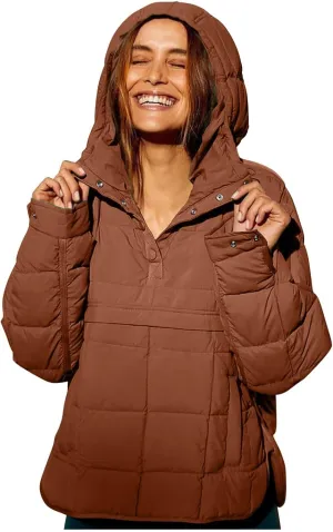 Women's Quilted Pullover Puffer Jacket Hooded Oversize Coat Tops Winter Warm Padded Hoodies Outwear with Pockets