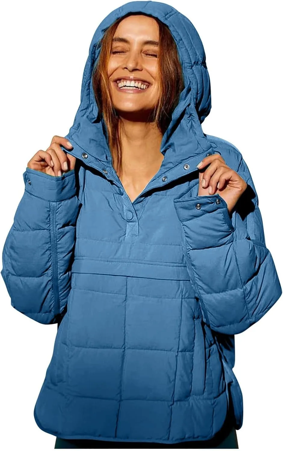 Women's Quilted Pullover Puffer Jacket Hooded Oversize Coat Tops Winter Warm Padded Hoodies Outwear with Pockets