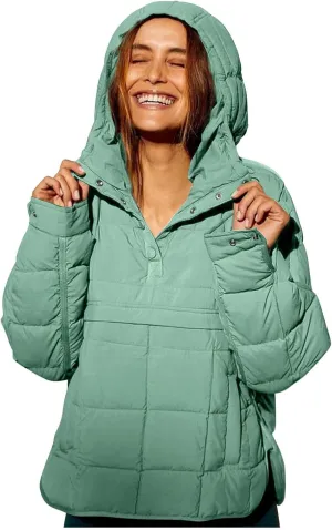 Women's Quilted Pullover Puffer Jacket Hooded Oversize Coat Tops Winter Warm Padded Hoodies Outwear with Pockets