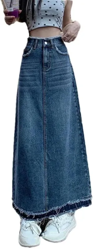 Women's Rough Edge Denim Skirt Vintage Casual High-Waisted A-Line Loose Half Skirts