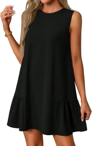 Women's Ruffle Hem Sleeveless Tank Dress Round Neck Casual Jacquard Hem Smock Summer Mini Dresses Sleeveless Dress for Women