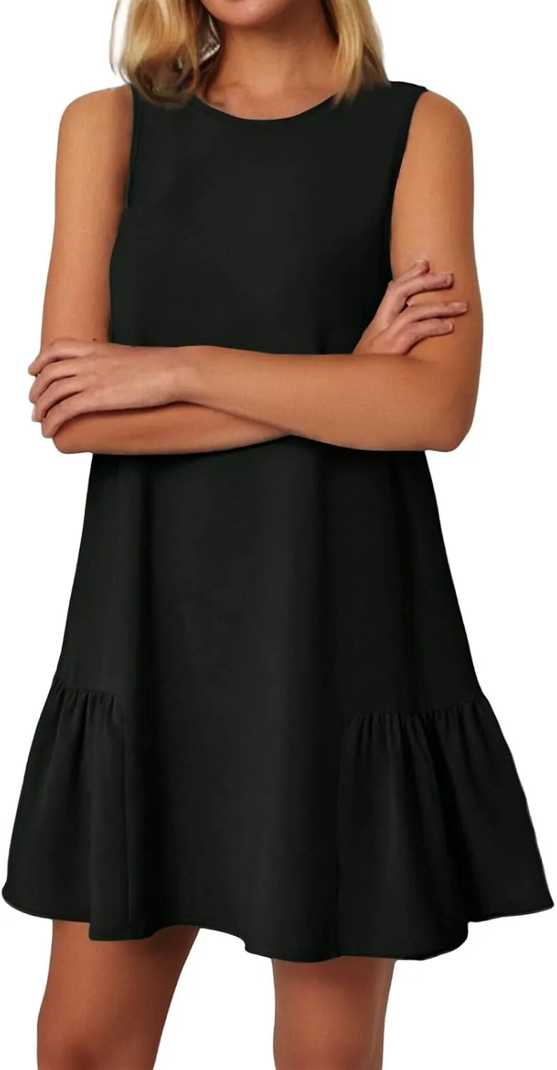 Women's Ruffle Hem Sleeveless Tank Dress Round Neck Casual Jacquard Hem Smock Summer Mini Dresses Sleeveless Dress for Women