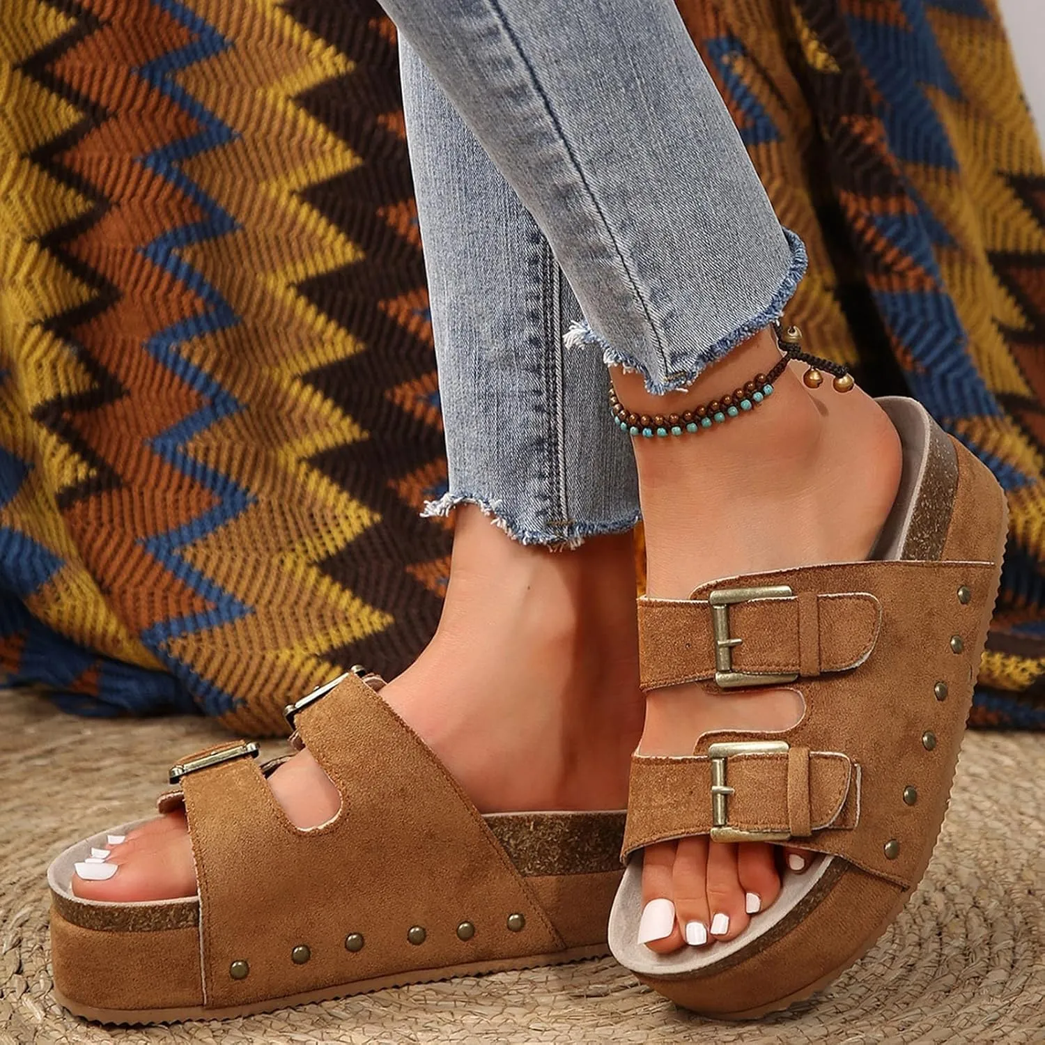 Women's Sandals Flatform Studded Comfort Flat Sandals Women Fashion Double-Buckle Open Toe Slip On Slippers