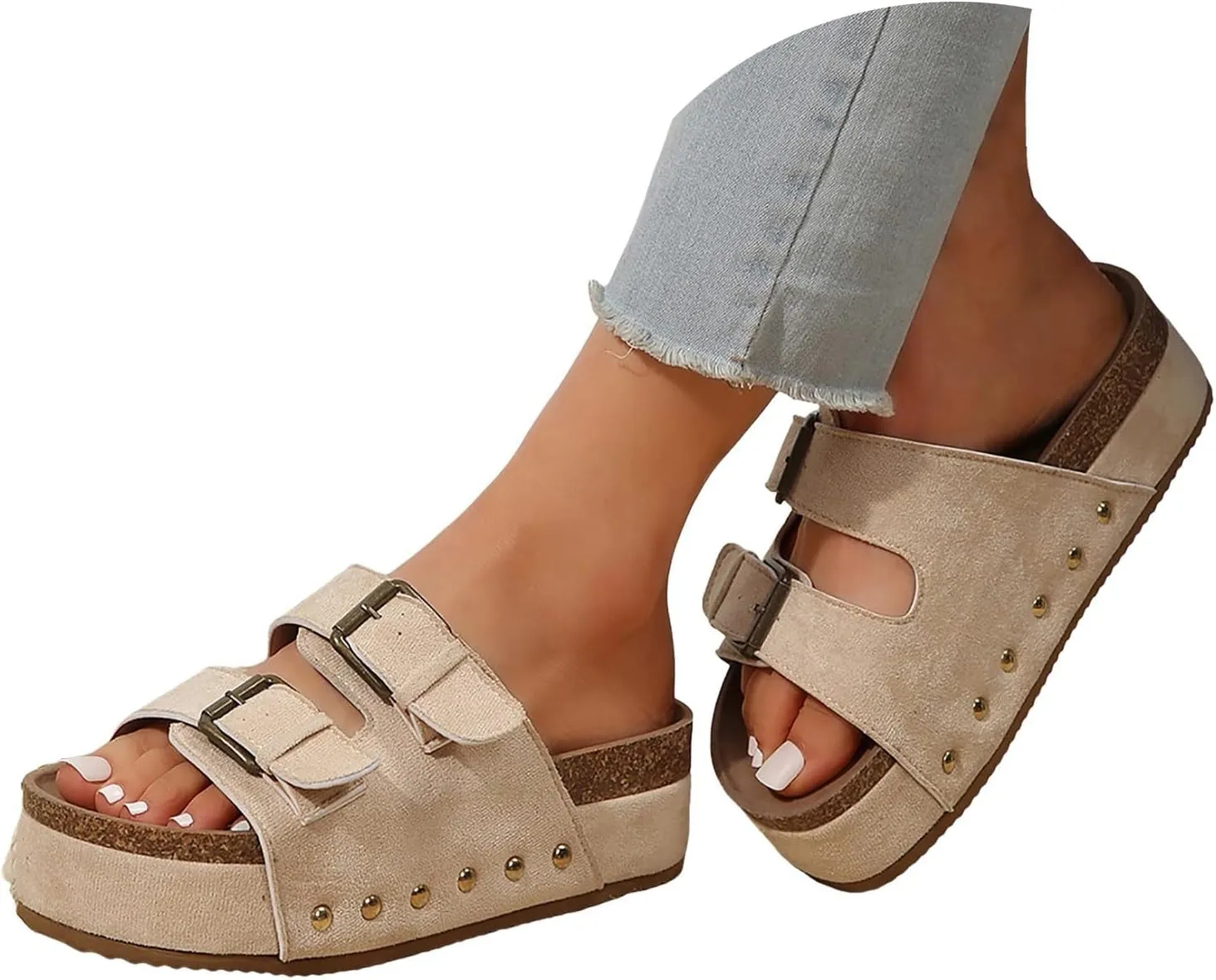 Women's Sandals Flatform Studded Comfort Flat Sandals Women Fashion Double-Buckle Open Toe Slip On Slippers