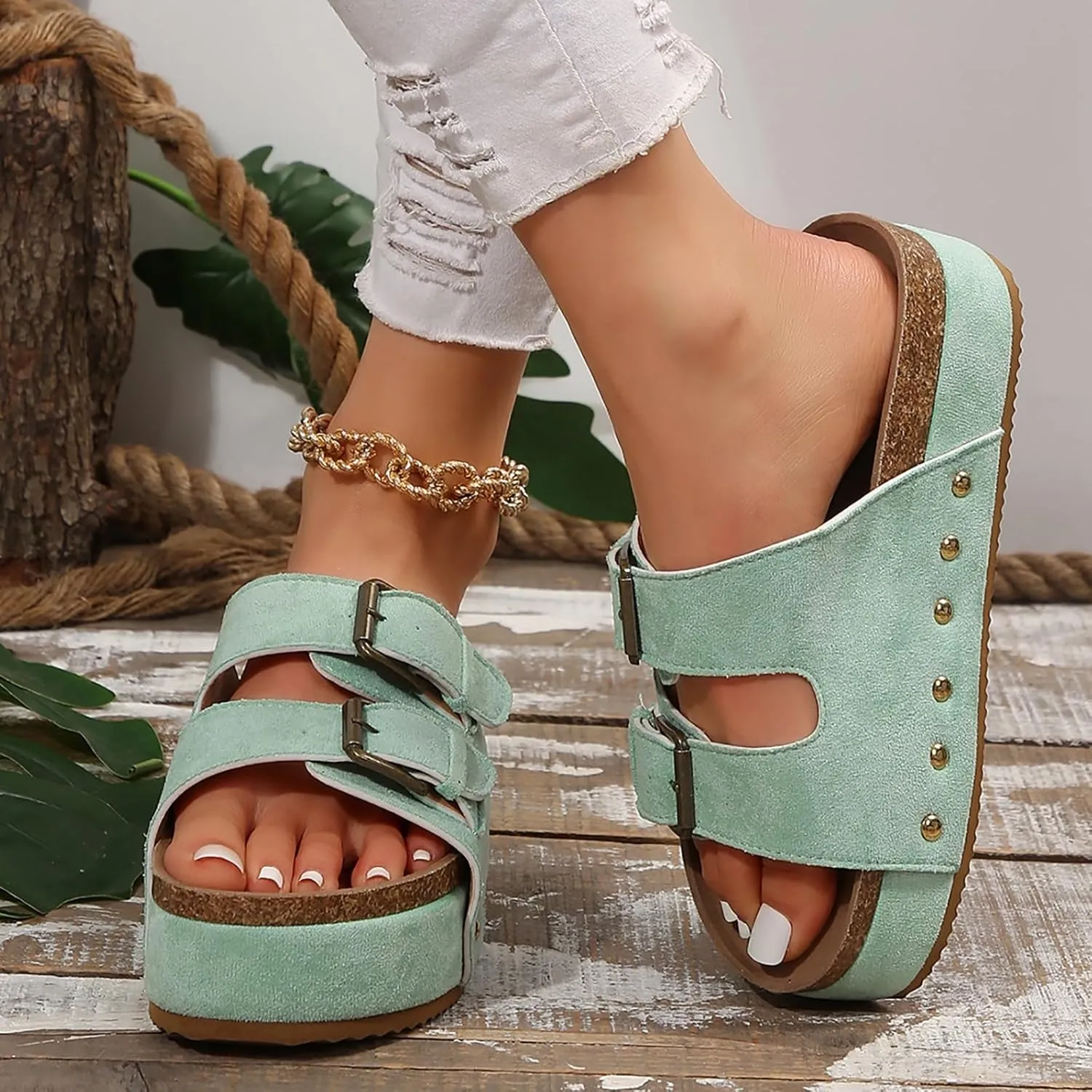 Women's Sandals Flatform Studded Comfort Flat Sandals Women Fashion Double-Buckle Open Toe Slip On Slippers