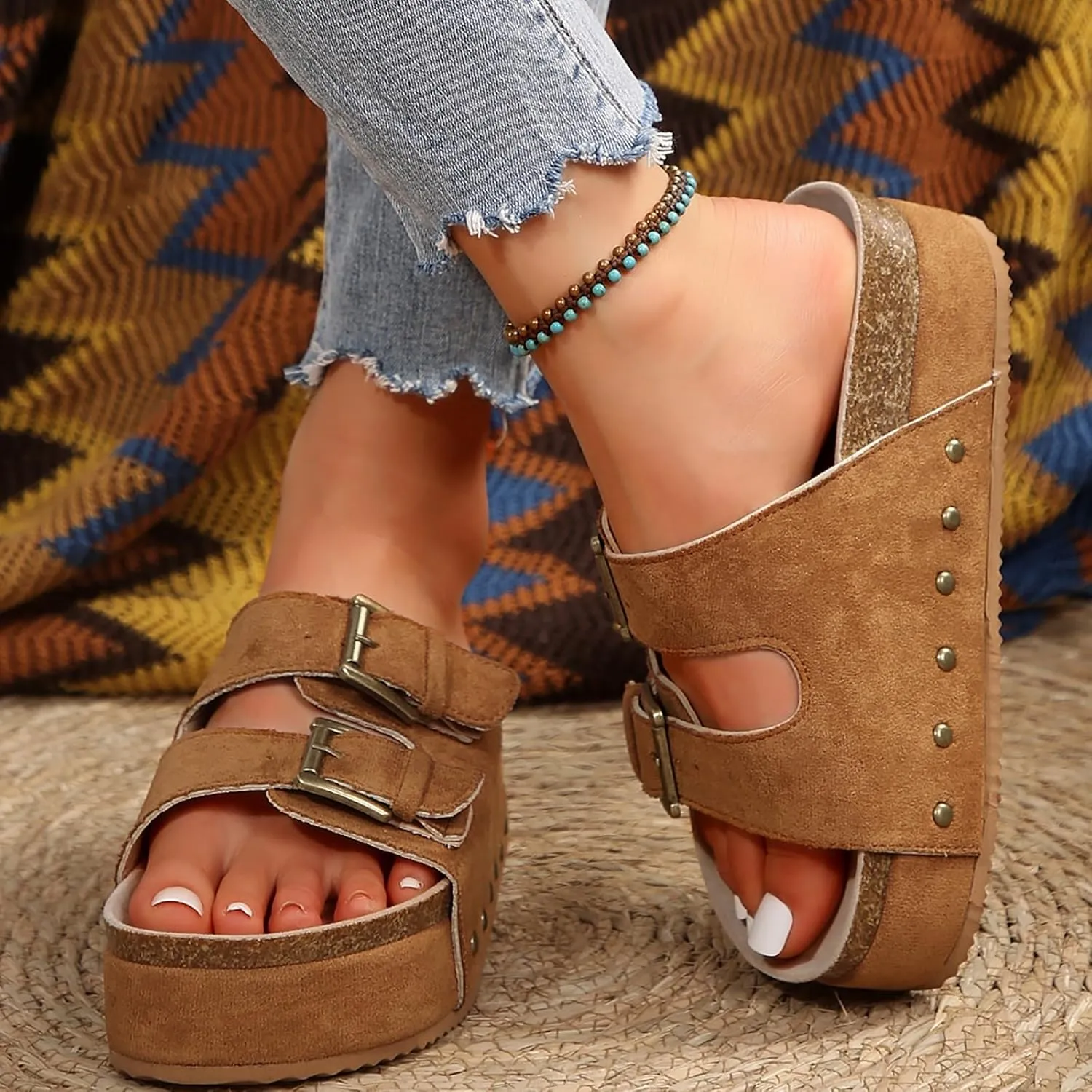 Women's Sandals Flatform Studded Comfort Flat Sandals Women Fashion Double-Buckle Open Toe Slip On Slippers