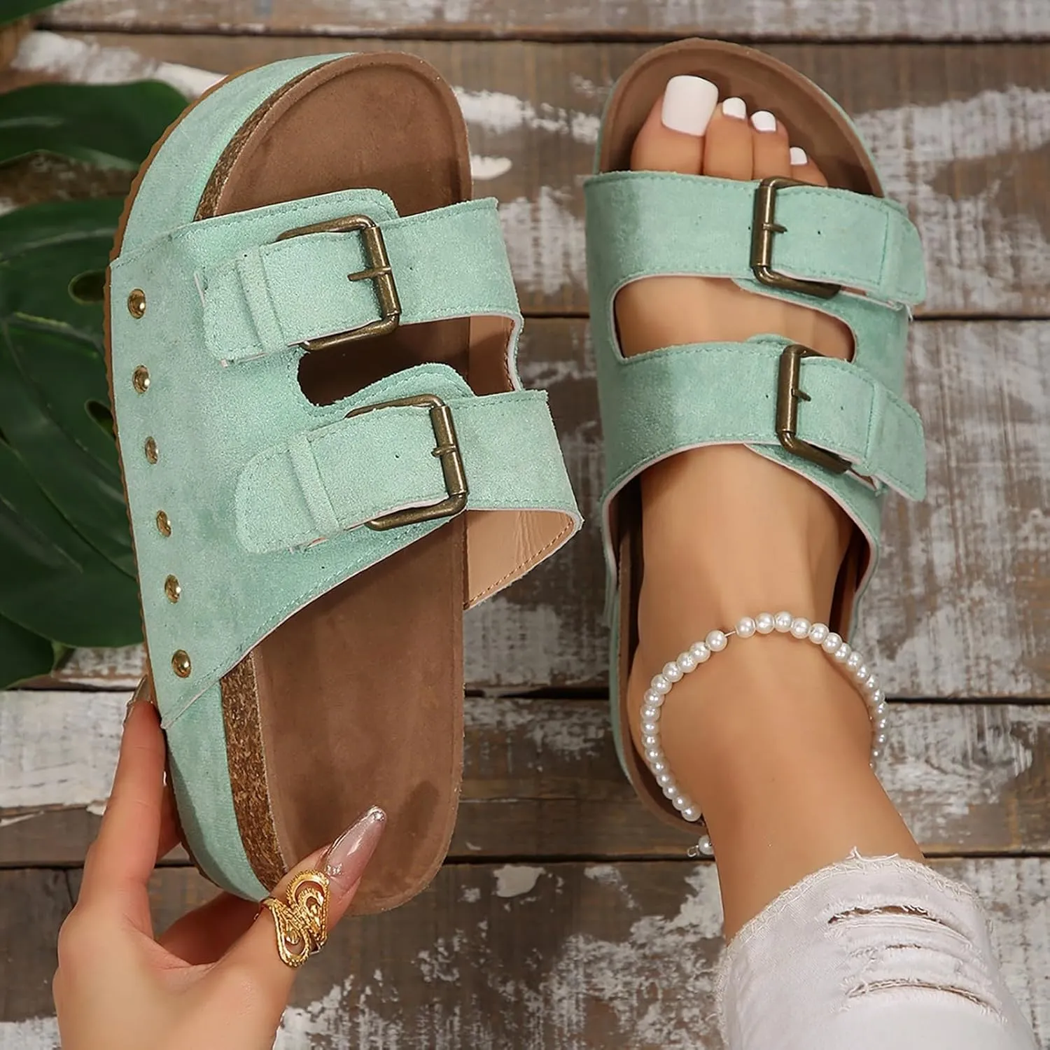Women's Sandals Flatform Studded Comfort Flat Sandals Women Fashion Double-Buckle Open Toe Slip On Slippers
