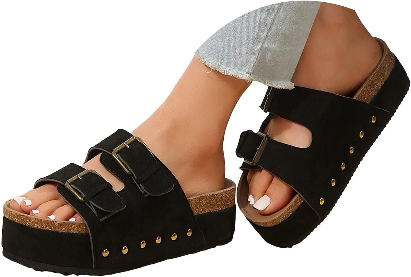 Women's Sandals Flatform Studded Comfort Flat Sandals Women Fashion Double-Buckle Open Toe Slip On Slippers