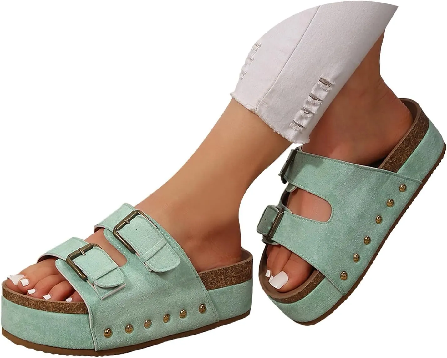 Women's Sandals Flatform Studded Comfort Flat Sandals Women Fashion Double-Buckle Open Toe Slip On Slippers
