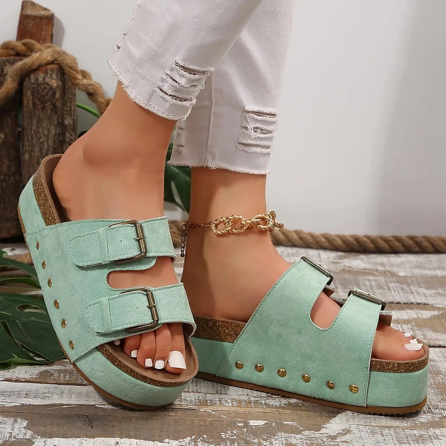 Women's Sandals Flatform Studded Comfort Flat Sandals Women Fashion Double-Buckle Open Toe Slip On Slippers