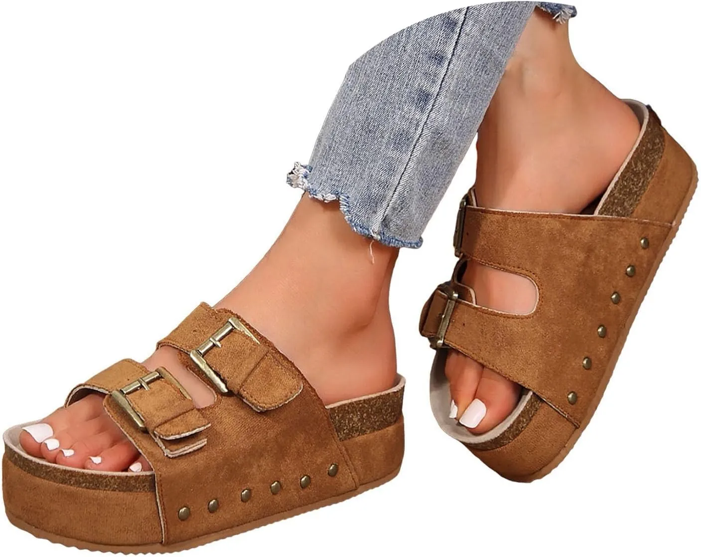 Women's Sandals Flatform Studded Comfort Flat Sandals Women Fashion Double-Buckle Open Toe Slip On Slippers